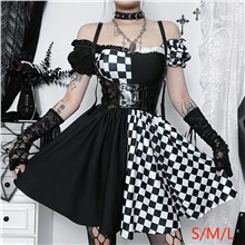 Gothic Chessboard Skirt Dress Punk Cosplay Costume