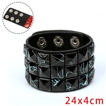 Wide Wrist Cuff Color 3 Row Pyramid Stud Wristband Punk Leather Bracelet