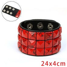 Wide Wrist Cuff Color 3 Row Pyramid Stud Wristband Punk Leather Bracelet