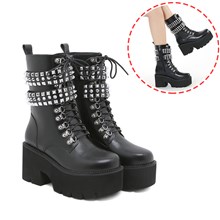 Platform Goth Boots For Women Studded Chunky Wedges Motorcycle Combat Punk Ankle Booties Black