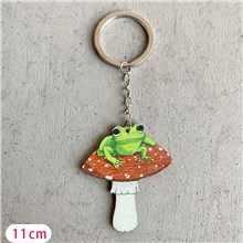 Psychedelic Mushroom Frog Wooden Key Ring Keychain