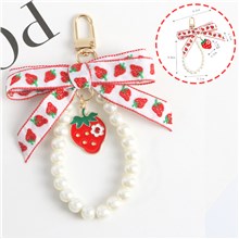 Cute Strawberry Pendant Charm Fruits Bow Wrist Lanyard Keychain Fabric Wristlet
