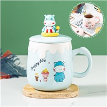 Funny Coffee Mug, Cute Ceramic Hippo Mugs, Lovely Animal Tea Cups with Lid and Spoon