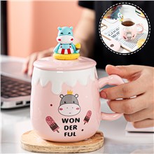 Funny Coffee Mug, Cute Ceramic Hippo Mugs, Lovely Animal Tea Cups with Lid and Spoon