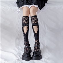 JK Lolita Goth Bows Cute Heart Black Lace Knee Socks Soft Socks Long Tube Socks 