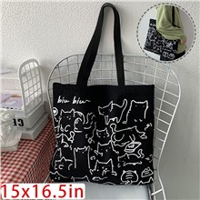 Cute Cartoon Cats Black Canvas Shopping Bag Tote Bag Shoulder Bag