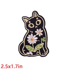 Cute Black Cat Flowers Embroidered Badge Patch