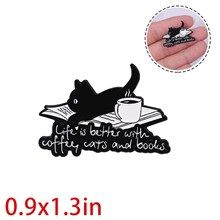 Funny Black Cat Coffee Book Enamel Pin Brooch Badge