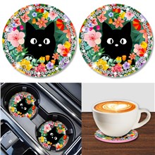 Cute Flower Black Cat Pink Car Coasters，2 Pack Cup Holder Coasters for Car, Anti-Slip Silicone Automotive Car Holders Insert Cup Coasters