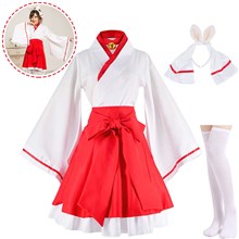 Japanese Anime Red and White Kimono Fox Cosplay Costume with Socks