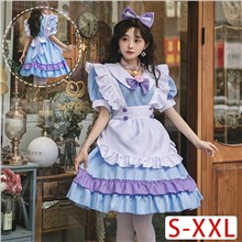Japan Anime Cosplay Apron Maid Fancy Blue Dress Costume