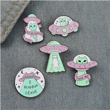 Funny UFO Cat Enamel Pin Flying Saucer Brooch Badge Set