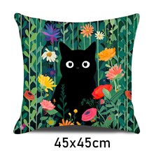 Black cat sitting in colorful flowers Pillow Case