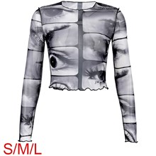 Women Sexy O-Neck Long Sleeve See Through Blouse Print Slim Fit T-Shirt