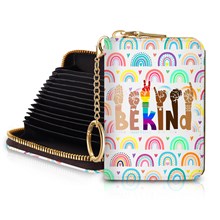 Be Kind Rainbow Credit Card Holder RFID Wallet, Small Card Holder Wallet for Women with Keychain Zipper