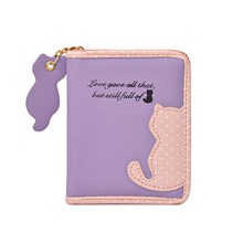 Cute Purple Cat PU Wallet Coin Purse for Women Girls
