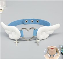 Lolita Punk Angel Wings PU Leather Necklace Heart Blue Choker